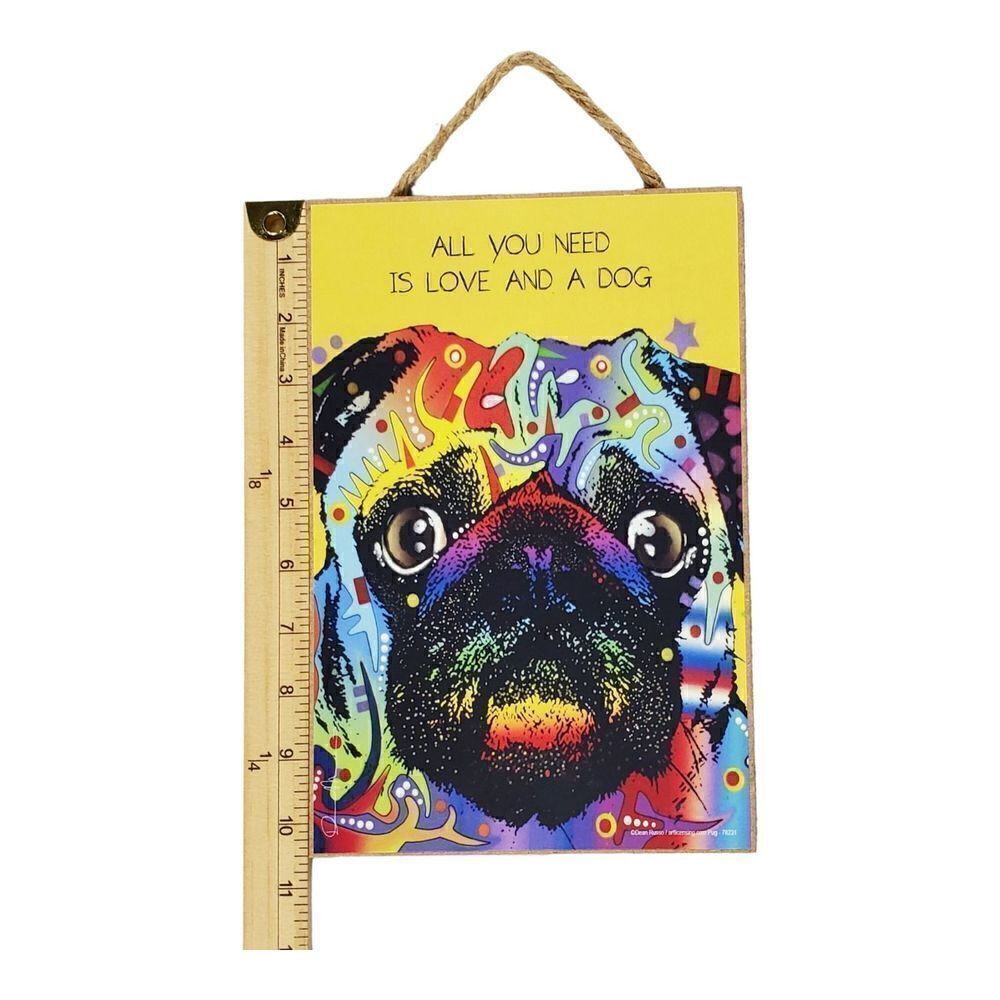 Dean Russo All You Need is Love And A Dog Door Hanger Pug Gift Home Decor Yellow - Picture 7 of 8